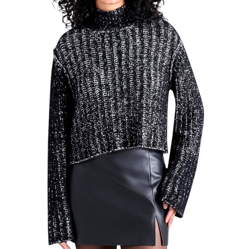 Black White Chunky Knit Mock Neck Sweater Pullover Steve Madden Size Large